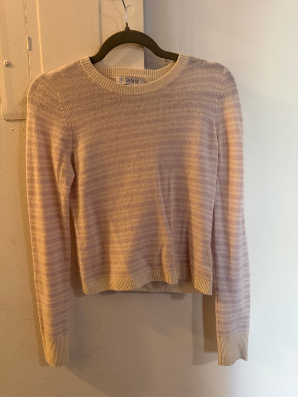 INTERMIX Cream and Pink Striped Crewneck Sweater